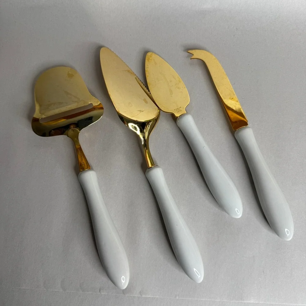 Vtg Christmas Holly Gold Cheese Knife Pie Set 4pc Stainless Steel Japan Holiday